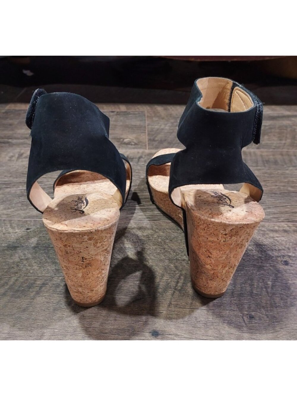 Lucky Brand Black Suede Sandal Ankle Strap Cork Wedge Heel Size7.5M USA Mcdowell - Picture 3 of 9